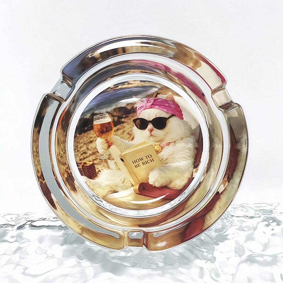 貓咪閱讀圖案玻璃菸灰缸 3.34 吋圓形菸灰缸,飯店裝飾家居裝飾菸灰缸,送給朋友的禮物 - 看書的貓 - 查看 1