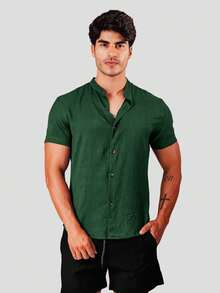 Men's Moss Green Dress Shirt, Dunas Fabric, Linen-Like, Short Sleeve, Mandarin Collar - Summer 2026 Shirt - Cool Shirt - Beachwear - 綠色 - 查看 1