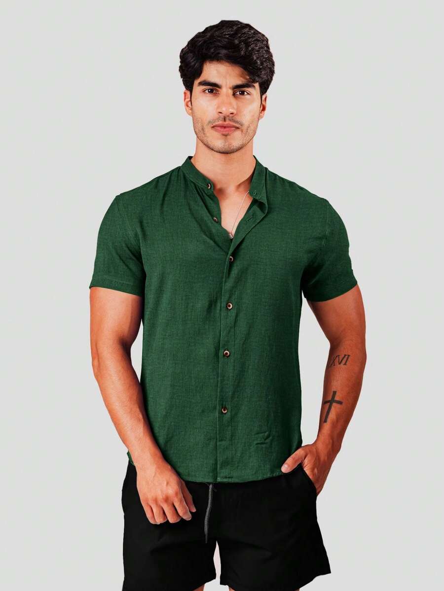 Men's Moss Green Dress Shirt, Dunas Fabric, Linen-Like, Short Sleeve, Mandarin Collar - Summer 2026 Shirt - Cool Shirt - Beachwear - 綠色 - 查看 1