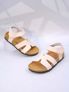6-15 Years Old Boys' And Girls' Sandals, Solid Color Hook And Loop, Soft Sole Lightweight, Casual Non-Slip, Open Toe, Flat Heel, Minimalist Style, Suitable For Summer Daily/Beach/Play (Size Runs Large, Recommend Choosing One Size Smaller) - Beige - View 5