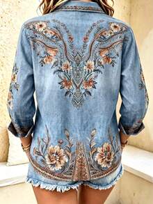 Women's Bohemian Style Plus Size Printed Shirt Long Sleeve Autumn Top, Shirt Collar Design, Create Fashionable Lady Look - Dusty Blue - View 2