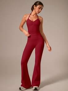 NcmRyu Women's One Set Solid Color V-Neck Halter Adjustable Strap Ruched Tank Top & Flare Pants Sports Set - Red - View 3