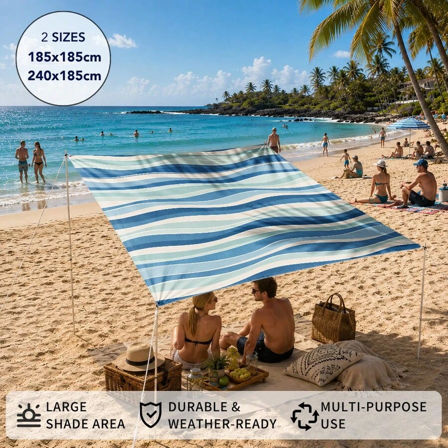 1pc Blue And White Striped Print Sun Shade Sail, Modern Fresh Style, Large Size, UV Protection, Sturdy Durable Easy Installation, Suitable For Beach Garden Patio Yard, Includes Rope - Multicolor - View 1