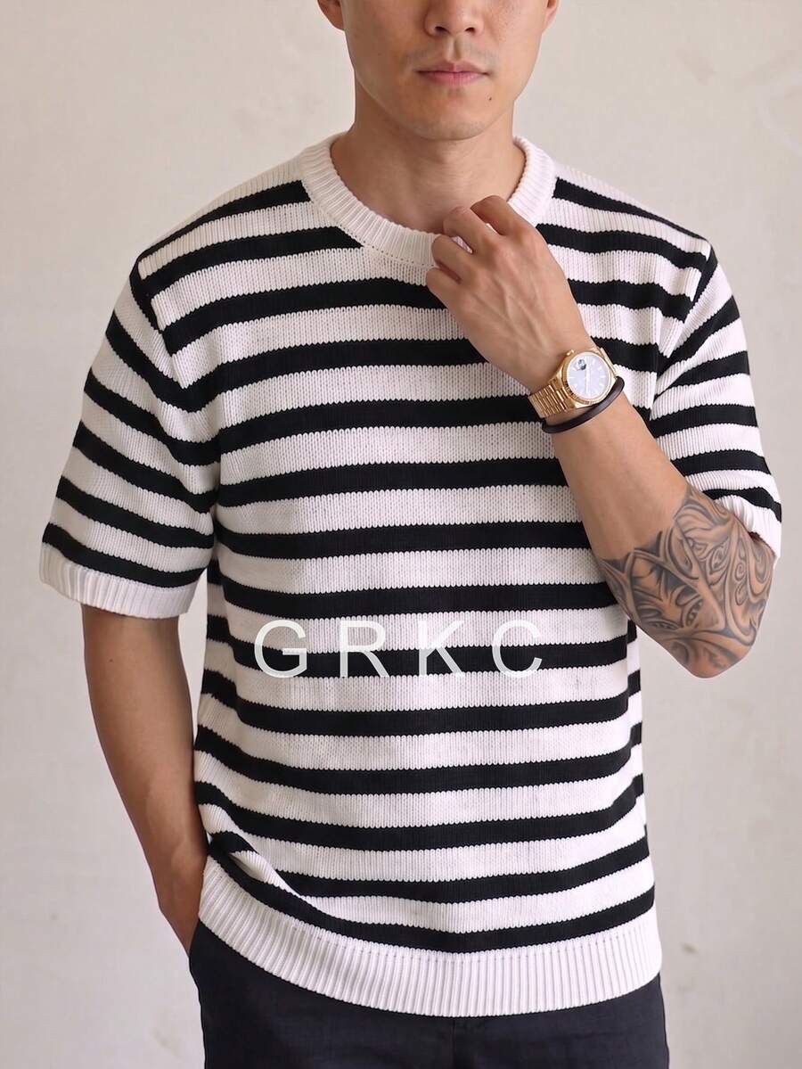 GRKC 春夏男士中性休閒百搭拼色條紋度假街頭通勤校園圓領短袖寬鬆針織毛衣 - 白色 - 查看 1