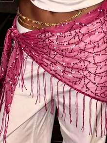 1pc Multicolor Summer Beach New Jazz Dance Hip Hop Waist Chain Hip Scarf Accessory, Sequin Triangle Scarf Tassel Waist Belt, Versatile Waist Scarf - Multicolor - View 6