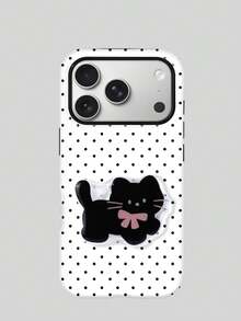 Koolife White Polka Dot Phone Case + Cat Suction Cup Stand, Korean Minimalist Style Fashion Accessory, Unisex, Comfortable Touch, Supports Button Protection, Heat Dissipation & Dustproof, Compatible With 11 To 17 Pro Max Series - White - View 1
