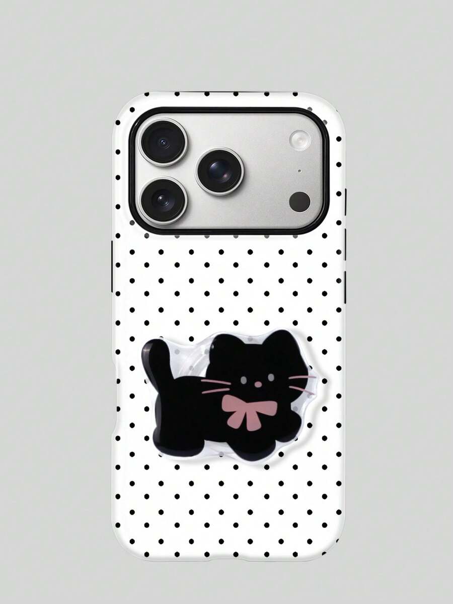 Koolife White Polka Dot Phone Case + Cat Suction Cup Stand, Korean Minimalist Style Fashion Accessory, Unisex, Comfortable Touch, Supports Button Protection, Heat Dissipation & Dustproof, Compatible With 11 To 17 Pro Max Series - White - View 1