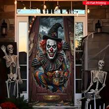 2D Flat Banner 1pc Scary Clown Circus Halloween Decoration Hanging Cloth, Breaking Through Door Thriller Ghost Face Print Door Cover Banner, Suitable For Halloween Theme Party Backdrop, Home Porch Thriller Decoration, Horror Carnival Atmosphere Setup, Polyester Material - A - View 5