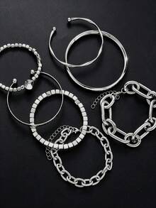 7pcs Vintage Punk Fashion Women's Chain Bracelet Set Suitable For Daily Wear, Vacation, Party, Layering - Silver - View 4