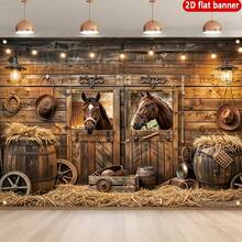 2D Flat Cowboy Horse Racing Theme, Vintage Stable Style, Includes Wooden Fence, Cowboy Hat, Haystack, Vintage Carriage Wheel, Suitable For Indoor And Outdoor Themed Events, Can Be Used As Wall Decor, Photo Backdrop, Home Decoration, Outdoor Party - 1 - View 11