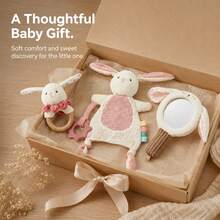 3pcs Cute Rabbit Baby Soothing Toy Set, Plush Rabbit Ring Rattle, Soothing Blanket And Animal Hand Mirror, Baby Visual Sensory Soothing Toys, Newborn Baptism Gift - Multicolor - View 2