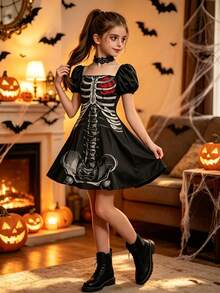 XUMPLO Girls' Dark Style Square Neck Petal Sleeve 3D Print Rose & Skull Dress For Halloween, Day Of The Dead, Party - Multicolor - View 5