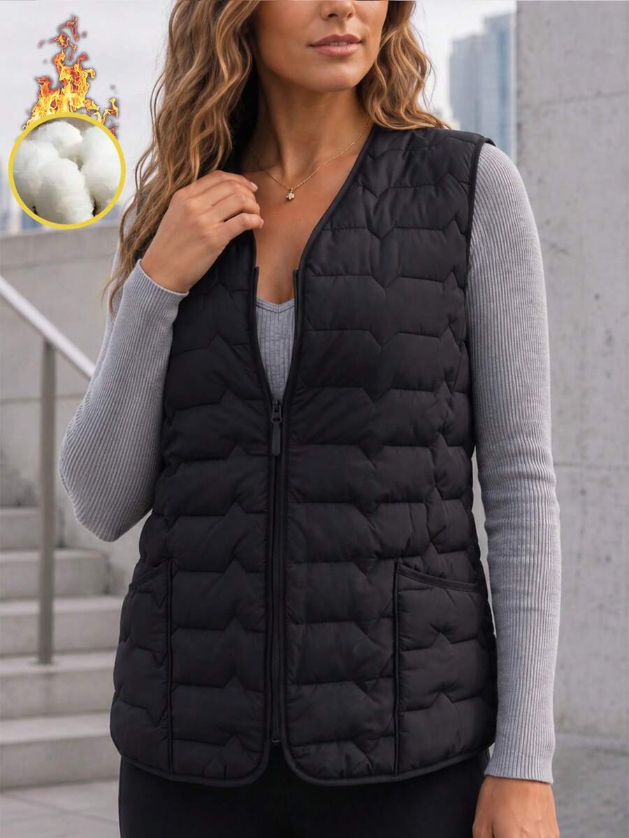 Women's Black Quilted Puffer Vest, Lightweight Sleeveless Zip Front Longline Vest With Pockets For Everyday Layering - Black - View 1