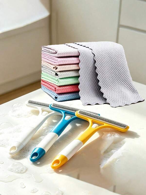 3-In-1 Glass Squeegee And Cloth Set (Random Cloth Color), Scraper Brush, Window Mirror Cleaner, Kitchen Bathroom Stove Countertop Window Mirror Daily Stain Wiping Household Accessories