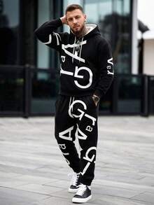 Men's Spring/Autumn Casual Versatile Kangaroo Pocket Drawstring Hooded Sweatshirt And Sweatpants Set - Multicolor - View 1