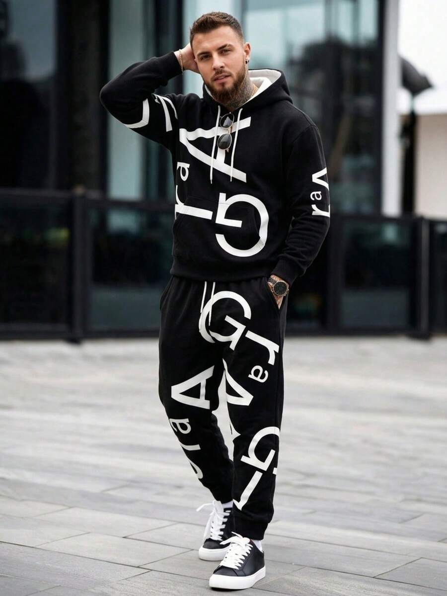 Men's Spring/Autumn Casual Versatile Kangaroo Pocket Drawstring Hooded Sweatshirt And Sweatpants Set - Multicolor - View 1