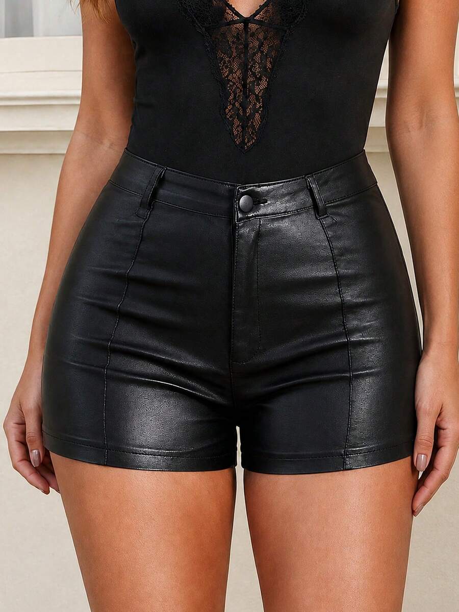 Apperloth A Punk Rock Festival Chic Stitching Detail PU Leather Skinny Mini Shorts Black Summer - Black - View 1