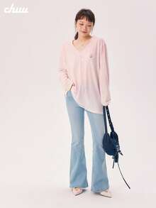 CHUU Printed Gradient T-Shirt Women Autumn Dopamine Lace Patchwork Sheer V-Neck Long Sleeve Top - Baby Pink - View 7