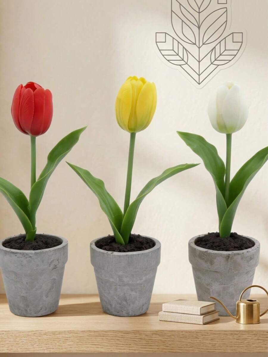 1件 23cm 人造鬱金香盆栽植物,逼真觸感PU花卉配陶瓷盆,仿真鬱金香盆景桌面裝飾,3色可選,Ins風北歐美學花藝擺飾,適用於居家辦公室客廳臥室餐桌婚禮派對 - 紅色 - 查看 1