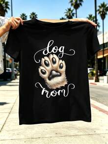 Dog Mom Graphic Cotton T-Shirt, Spring, Soft Cotton, Crew Neck, Relaxed Fit, Casual - Black - View 2