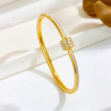 3pcs 18K Gold Plated Jewelry Set, Rhinestone Snake Cuff & Geometric Bangles, Versatile Daily Wear - Gold - View 5