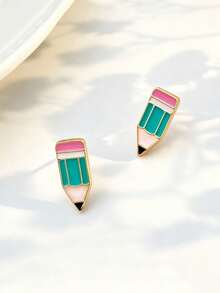 1 Pair Contrast Color Cartoon Pencil Stud Earrings, Back To School Cartoon Earrings (No Card) - Style 2 - View 1