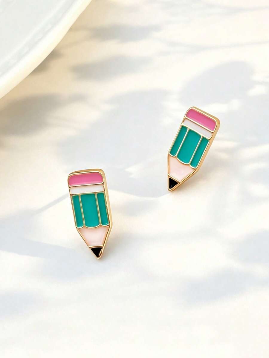 1 Pair Contrast Color Cartoon Pencil Stud Earrings, Back To School Cartoon Earrings (No Card) - Style 2 - View 1