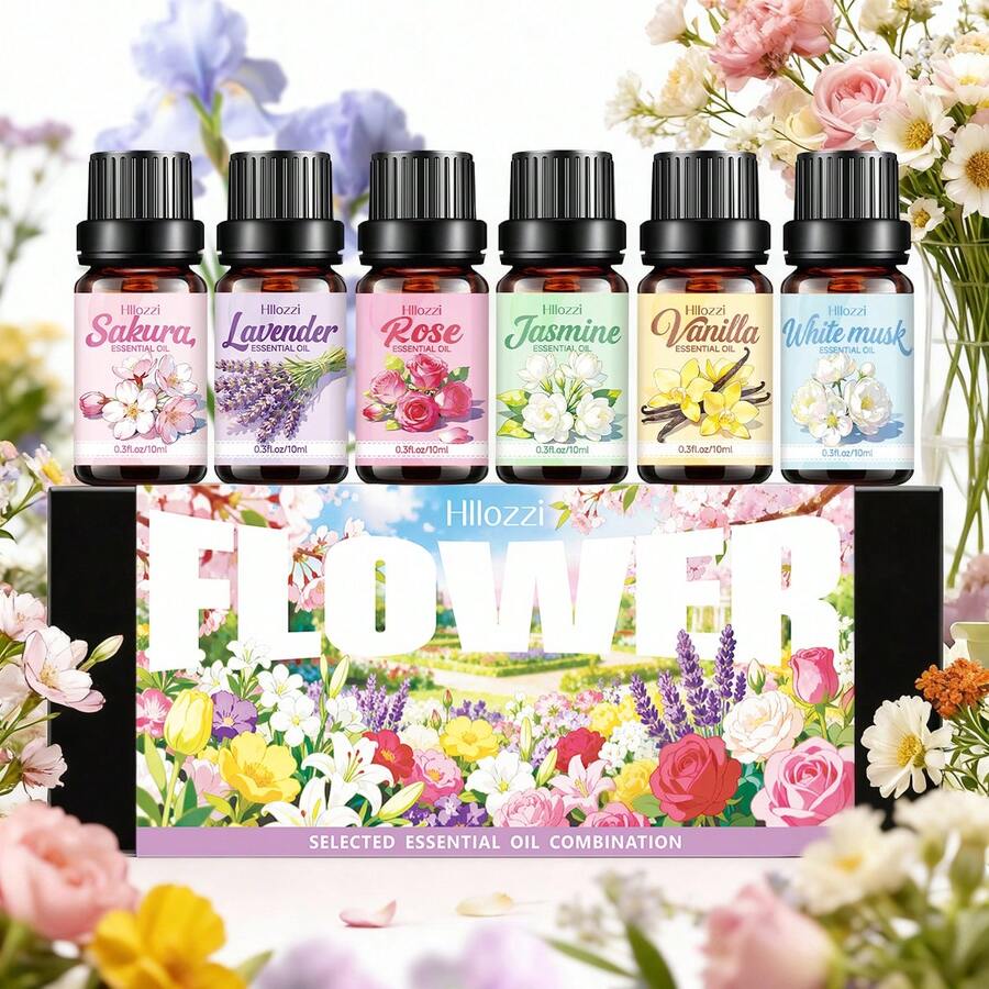 Hllozzi Floral Scent Essential Oil Gift Set Featuring Six Rich, Long-Lasting Floral Fragrances. Designed For Women And Floral Scent Enthusiasts, These Oils Are Suitable For Use In Car Diffusers; An Ideal Choice For Holiday Gifts. - Floral Gift Set - View 1