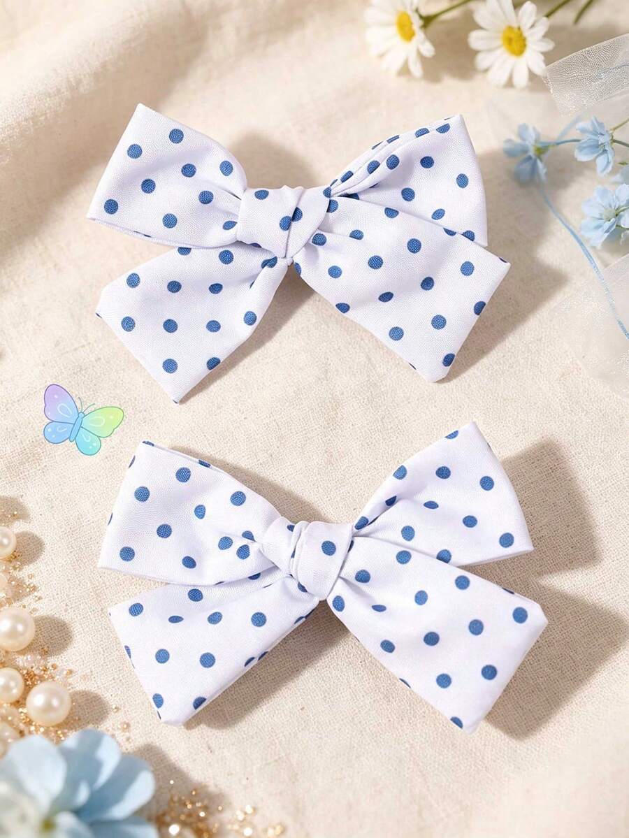 2pcs White Blue Polka Dot Hair Bows For Girls Simple Decor Alligator Clips Sweet Daily Hair Clips Kids Hair Accessories - Multicolor - View 1