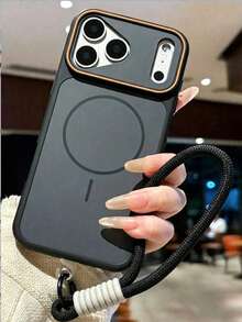 1PC New Color-Block Magnetic Phone Case Compatible With Iphone 17 Pro Max, Skin-Feel Matte Soft Edge Full Coverage Anti-Drop, Compatible With 16 Pro Max/15/14 Pro/13/12, Couple Premium Style With Lanyard - Black + Short Rope - View 3
