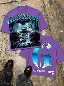 Double Sided Alien Graphic Tee, Oversized Urban Y2K Summer Casual Top For Men, Father Day Gift - Purple - View 17