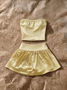 Top corto sin tirantes de color amarillo sexy con detalle de lazo con cordón, minifalda con volantes, conjunto de 2 piezas de vestir casual de verano elegante - Amarillo - Ver 5