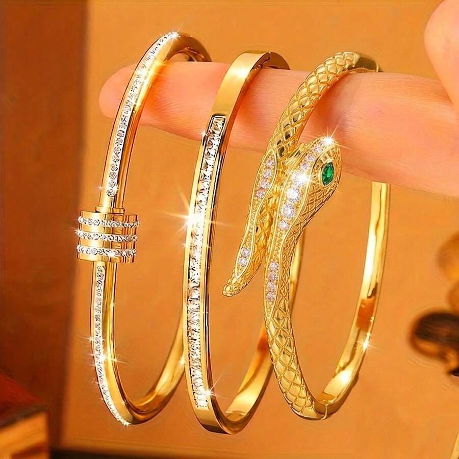 3pcs 18K Gold Plated Jewelry Set, Rhinestone Snake Cuff & Geometric Bangles, Versatile Daily Wear - Gold - View 1