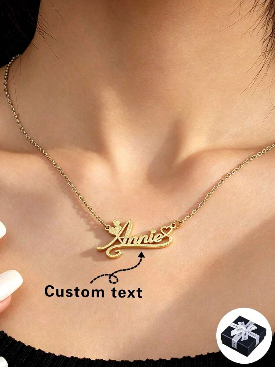 Customized Personalized Heart-Shaped Font Name Necklace, Fashionable Luxury Stainless Steel Letter Choker Necklace - Ideal For Mother's Day, Valentine's Day, Birthday, Anniversary, Graduation, Christmas, Gift For Lover, Gift For Mom - Gold-frosted - View 1