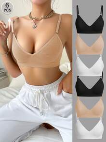 Conjunto de 6 piezas de sujetadores invisibles inalámbricos, ropa interior deportiva multicolor con cierre trasero, sujetadores sin costuras y cómodos para el ejercicio diario. - Albaricoque - Ver 2