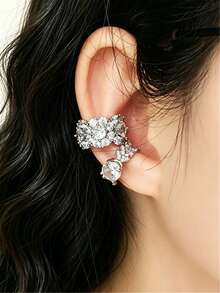 2pcs Set Elegant Full Zirconia Plum Blossom Wheat Ear Cuff, No Piercing Ear Clips, Luxury High-End Daily Commute Earrings For Women - Silver 2-piece Set - View 6