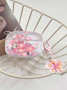 Shockproof Soft Shell Flower Sea Turtle Painted Transparent Additional Bracelet Fashion Bluetooth Earphone Case With Cute Pink Cherry Blossom Keychain For Airpods 4 3 1/2 Pro3 Pro/Pro2 - Multicolor - View 34