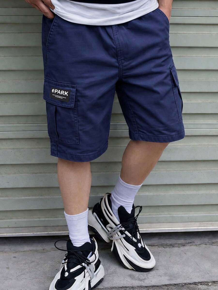 1pc Tween Boys Casual Summer Sports Outdoor Pocket Fashion English Logo Cargo Shorts, Spring/Autumn - Navy Blue - View 1