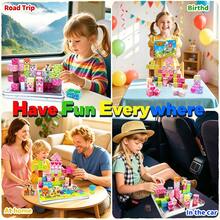 36/60pcs Pink Sweetheart Theme Magnetic Blocks With Iron Storage Box, Cute Pink House Pattern Stacking Bricks, Parent-Child STEM Educational Toy, Birthday Holiday Gift For Girls - Multicolor - View 5
