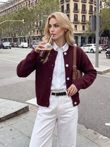 Nicenter Women's Fall Winter Burgundy Cozy Crew Neck Button Front Wool Blend Cardigan Sweater, Elegant Casual Simple For Office Daily Home Date - Burgundy - View 9