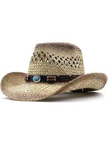 1pc Unisex Leather Belt Metal Decor Gradient Print Western Cowboy Straw Hat, All-Season Fashion Versatile Sun Protection Outdoor Beach Hat, Style - Gem - View 25