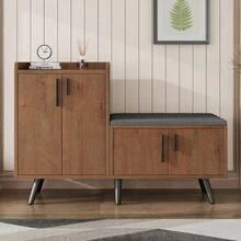 Modern Shoe Bench With Wood Grain, Shoe Cabinet, Four Storage Doors, Asymmetrical Metal Handles - Natural - View 2