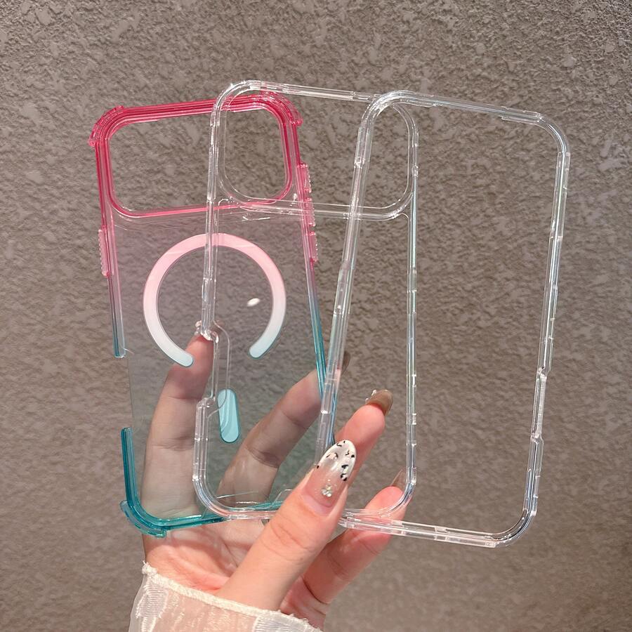 漸層粉色與綠色透明磁吸手機殼，適用於 Apple 17 Pro Max，防震保護殼適用於 Apple 16，全方位覆蓋，3 合 1 模組化設計，清新可愛夏季風格