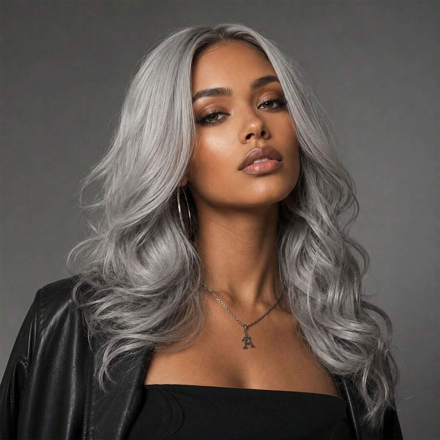 Long Gray Curly Wave Wig Middle Part Wig For Women Daily Use Wavy Wig - Multicolor - View 1