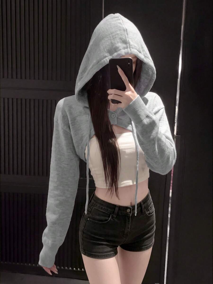 2026 Hot Girl Style Hooded Drawstring Ultra Short Knit Cover-Up, Loose Long Sleeve Cropped Cover Up Sweatshirt, Casual Layered Short Sweatshirt-Style Knit Top, Spring/Autumn/Winter Street Sweet & Cool Outfit, 18-35 Women's Outerwear - Gray - View 1