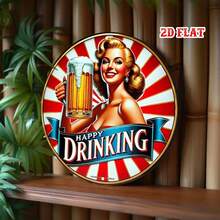 2D平面 1件裝復古風啤酒杯圓形鐵製裝飾牌 8英吋，女孩與「Happy Drinking」設計，鄉村風金屬裝飾，適用居家、車庫、咖啡廳、居家酒吧裝飾，預鑽孔，款式如尺寸表所示 - 多色 - 查看 5