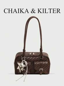 CHAIKA & KILTER 1件裝純色PU布料女款時尚多口袋大容量波士頓保齡球肩背包，全表面紋理拉鍊開合，適合日常與街頭使用（附吊飾） - 咖啡 - 查看 5