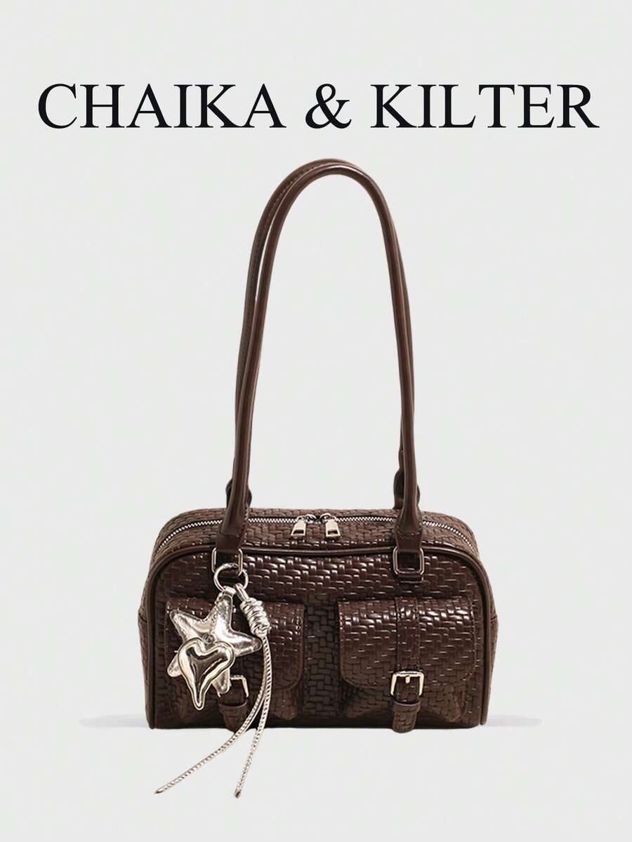 CHAIKA & KILTER 1pc Solid Color PU Fabric Shoulder Bag Women's Fashion Multi-Pocket Large Capacity Boston Bowling Bag With All-Over Texture Zipper Closure Suitable For Daily And Street Use (Sold With Pendant)