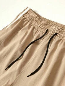 Men's Side Stripe Wide Leg Casual Pants, Elastic Drawstring Waist Lightweight Loose Straight Leg Long Pants, Suitable For Street Daily Sports Wear - Khaki - View 3