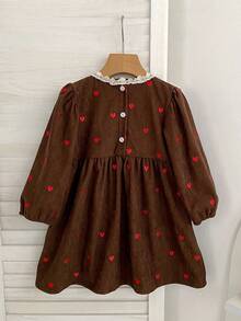 Vintage Style Girls Dress With Lace Collar, Heart Print, Long Sleeve, Corduroy, Spring/Autumn Children's Dress - Brown - View 3